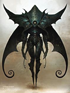 an artistic rendering of a demonic creature with wings and horns on it's back