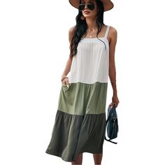 Army Green Color Block Pocket Sleeveless Slip Dress Casual Green Sleeveless Dress For Day Out, Green Sleeveless Midi Dress For Day Out, Green Midi Length Sleeveless Dress For Day Out, Sleeveless Green Midi Dress For Day Out, Green Color Block, Army Green Color, Midi Dresses, Women Dresses, Army Green