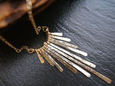 14K Gold Filled Fringe Necklace, Hammered Gold Necklace, Graduated Gold Bar Necklace, 14K Yellow Gold, Statement Necklace, Bohemian, Boho Bohemian Hammered Brass Necklaces, Bohemian Antique Gold Brass Necklace, Hammered Yellow Gold-plated Necklace, Bohemian Hand-strung Gold Necklace, Gold Long Fringe Necklace, Bohemian Wedding Jewelry, Gold Statement Necklace, Fringe Necklace, Gold Bar Necklace