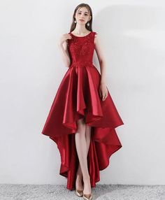 Sleeveless Satin Ball Gown, Fitted Sleeveless Ball Gown For Bridesmaid, Sleeveless Ball Gown For Banquet, A-line Bridesmaid Ball Gown, Sleeveless High Low Prom Dress, Red Sleeveless Satin Dress For Prom, Red Sleeveless Satin Dress For Prom Season, Sleeveless Fitted High Low Wedding Dress, Satin Sleeveless Dress With Sweep Train