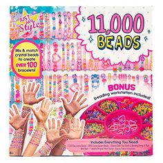 a package of girls's beading kits with hands and bracelets on it