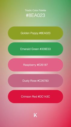 Triadic Color Palette Golden Poppy #8EA023 · Emerald Green #339E53 · Raspberry #E26187 · Dusty Rose #C26783 · Crimson Red #DC143C Poppy Color Palette, Golden Poppy, Gta Online, Vibrant Energy, Crimson Red, Journal Ideas, Dusty Rose