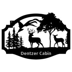 the logo for denzer cabin, with two deers and trees in the background