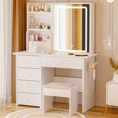 PRICES MAY VARY. 👑 CHIC VANITY DESK: Embrace elegance and efficiency with our versatile vanity desk, seamlessly blending vanity and jewelry armoire for optimal organization of cosmetics and accessories, offering ample storage with 6 drawers, hidden storage cabinets behind the mirror, and plenty of shelves for cosmetics and jewelry. 📱 VANITY WITH CHARGING STATION: This vanity table is equipped with a hair dryer rack, power outlet, 2 standard plug sockets, and 2 USB ports so you can easily use the hair dryer, and curling iron in front of the mirror, and charge your phone or other mobile devices during makeup. 💡 VANITY DESK WITH MIRROR AND LIGHTS ILLUMINATE YOUR BEAUTY: Large mirror with builtin LED light strip offers safe and adjustable illumination with 3 color modes (warm yellow, warm w Makeup Vanity With Shelves, Kids Vanity Ideas, Vanity Desk Combo, Desk/vanity Combo, Vanity Storage Ideas, Bedroom Makeup Desk, Vanity Table Ideas, Jewelry Vanity, White Vanity Table