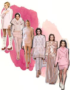 models in pastel outfits on the catwalk, with pink paint splottered over them