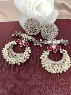 German Silver 92.5 Silver Polish Red Stone Lotus Pearls Earrings Luxury Traditional German Silver Earrings, Pearls Earrings, Silver Polish, Traditional Earrings, German Silver, Red Stone, Social Events, Indian Jewelry, Lotus