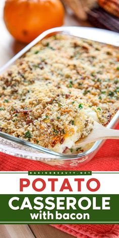 Serve this Thanksgiving side dish to impress! Topped with bacon and bread crumbs, this potato casserole is an excellent Thanksgiving dinner recipe. Help yourself to this dish filled with creamy mashed potatoes! Cheesy Mashed Potato Casserole, Bacon Potato Casserole, Casserole With Bacon, Breakfast Potato Casserole, Easy Vegetable Side Dishes, Mashed Potato Casserole, Best Thanksgiving Recipes, Thanksgiving Dinner Recipes, Thanksgiving Dinner Menu