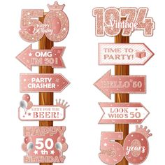 pink and silver birthday signs on wooden poles with balloons, stars and confetti