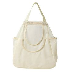 a white tote bag with mesh handles and two zippers on the front,