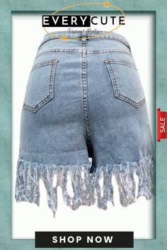 Light Blue Stylish Casual Fringed Denim Shorts Summer High Waist Jeans With Fringe, Trendy Summer Jeans With Fringe, Trendy Fringe Jeans For Summer, Trendy Fringed Summer Jeans, Summer Cotton Jeans With Fringe, High Rise Fringe Jean Shorts For Summer, High-waisted Denim Fringe Shorts, Summer Fringe Cotton Jeans, Fringe Denim Jean Shorts