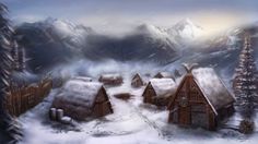 a painting of snow covered houses in the mountains