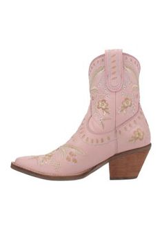 She wears flowers in her hair and flowers on her boots. The #Primrose is Dingo1969's take on boho vibes. Soft wearable leather, pretty embroidered flowers and lacing detail make the #Primrose ready for the garden party, the festival and nights on Lower Broadway. Kick your style up a notch. #Primrose #beautyandtheboot | DINGO 1969 Women's Primrose Leather Bootie, Pink, 9M Feminine Pink Boots For Spring, Embroidered Boots For Spring Festivals, Floral Embroidery Boots For Spring Festival, Pink Leather Boots For Spring, Spring Festival Boots With Round Toe, Pink Ankle Boots For Summer, Summer Pink Ankle Boots, Floral Embroidered Boots For Spring Festival, Bohemian Style Boots For Spring