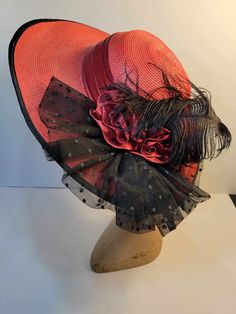 "Vintage hat from 1980's-1990's. Wide-brimmed (cartwheel) hat design embellished with black feather, red roses, pleated polka dot tulle, and trimmed with black ribbon. Looks great with any outfit! Hat is in excellent used condition.  Dimensions: 16.5\" brim diameter, 7.5\" head diameter" Cartwheel Hat, Rose Hat, Fashion Reference, Victorian Hats, Elegant Hats, Feather Hat, Hat Design, Steampunk Design, Love Hat