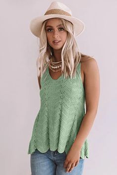 Green Flowy Scalloped Hemline Knit Tank Top Solid Color Knit Top For Spring, Spring Solid Color Knit Top, Casual V-neck Pointelle Knit Crochet Top, Vacation V-neck Knit Top, Sleeveless Cable Knit Summer Tops, Sleeveless Cable Knit Tops For Summer, Casual Open Knit V-neck Crochet Top, Summer Green V-neck Sweater, Sleeveless Textured Knit Top For Vacation