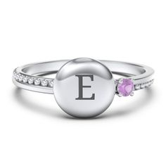 Sterling Silver Engravable Disc Ring with Gemstone and Beaded Band and Amethyst Stone | Jewlr Adjustable Gemstone Signet Ring, Adjustable Stackable Rings With Initials, Sterling Silver Initial Promise Ring, Sterling Silver Initial Ring With Round Cut, Adjustable Promise Signet Ring, Adjustable Stackable Initial Ring In White Gold, Adjustable Initial Ring With Polished Finish For Promise, Elegant Silver Initial Ring With Birthstone, Elegant Stackable Rings With Initials