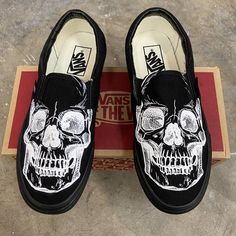 Show off your love of all things spooky in these skull head vans. The eerie theme of these slip ons have a sketched white skull, adding character and mystery to the look.We buy each pair of shoes BRAND NEW. Each pair is made to order, please make sure you put in the correct shoe size before you check out. The paint is permanent and will never come off, fade away, or peel off. Made in the USA. This price includes everything: shoes, artwork, and shipping. Thanks for stopping by our Etsy shop! Plea Custom Slip On Vans, Bling Aesthetic, Van Shoes, Custom Vans Shoes, Vans Slip On Shoes, Clothes Art, Slip On Vans, Custom Shoes Diy, Crust Punk