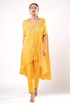 Mustard kaftan style kurta featuring floral sequin hand embroidery on the neck. Comes with a matching straight pant. - Aza Fashions Spring Salwar Kameez With Mirror Work And Traditional Drape, Traditional Spring Salwar Kameez With Mirror Work, Traditional Drape Salwar Kameez With Mirror Work For Spring, Festive Summer Straight Kurta Pant Set, Anarkali Cotton Pant Set With Floral Embroidery, Summer Straight Kurta Pant Set With Resham Embroidery, Summer Designer Wear Sets With Dabka Work, Spring Cotton Palazzo Set With Mirror Work, Summer Pant Set With Resham Embroidery And Straight Kurta