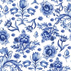 a blue and white flower pattern on a white background, with lots of flowers in the middle