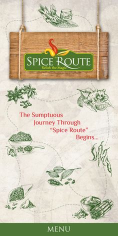 the menu for spice route is shown in green and white colors, with an image of various