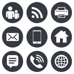 various icons in black and white on a white background, such as phone, wifi