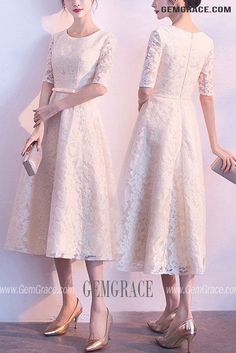 10% off now|Free shipping world-wide. Modest Champagne Lace Tea Length Party Dress Round Neck With Sleeves at GemGrace. Click to learn our pro custom-made service for wedding dress, formal dress. View #BridalPartyDresses for more ideas. Formal Tea-length Lace Dress, Elegant Cream Lace Midi Dress For Party, Cream Midi Lace Dress For Party, Champagne Midi Dress For Wedding, Beige Lace Dress With Short Sleeves For Party, Beige Short Sleeve Lace Party Dress, Party Dress With Sleeves, Party Dresses With Sleeves, Casual Wedding Attire