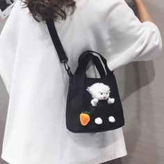 Cartoon Lamb Doll Canvas Cross Body Bag MK0519 Black Shoulder Bag With Mobile Phone Pocket For Students, Trendy Black Shoulder Bag For Students, Cute Black Shoulder Bag With Mobile Phone Pocket, Black Canvas Shoulder Bag For Students, Cute Portable Black Shoulder Bag, Black Canvas Satchel Bag For School, Cute Black Handheld Bag, Cute Handheld Black Bags, Cute Black Large Capacity Shoulder Bag