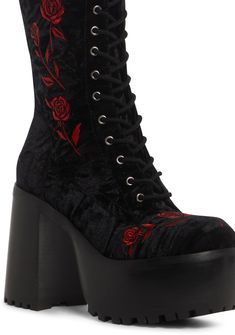 cuz they're enamored by you. These boots come in a velvet construction, with a platform heel, embroidered rose details, and an inner zip closure. Bone Heels, Rose Clothes, Fancy Boots, Cute Black Boots, 90s Platform Shoes, Heel Combat Boots, Platforms Shoes, Knee High Heel Boots, Punk Style Outfits