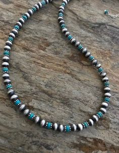 Sterling Silver Turquoise Bead Necklace. 22 inch Turquoise Single Strand Southwestern Jewelry, Silver Turquoise Necklace With Round Beads In Southwestern Style, Artisan Silver Turquoise Necklace With Spacer Beads, Artisan Turquoise Necklace With Silver Beads, Western Style Turquoise Round Beads Jewelry, Southwestern Single Strand Jewelry With Round Beads, Western Turquoise Round Beads Necklace, Turquoise Necklace With Round Silver Beads, Western Style Turquoise Round Bead Necklace