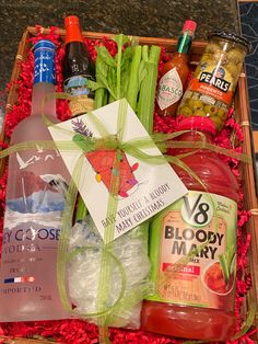 a basket filled with drinks and condiments