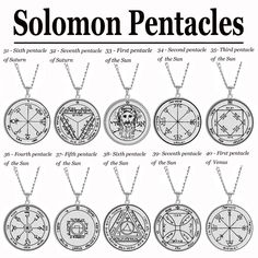 the solomon pentacles pendants are shown in black and white, with different symbols on