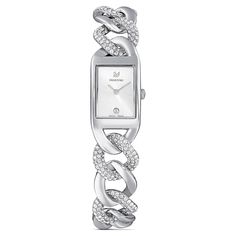 Swarovski Cocktail watch Swiss Made, Pavé, Metal bracelet, Silver tone, 5519330  Description:  This Swarovski watch is a skillful combination of design and function. Its rectangular, stainless steel case contrasts beautifully with the bracelet's design. The white silver tone sunray dial features the Swarovski swan at 12 o'clock and a brilliant crystal at 6 o'clock. 248 sparkling crystals adorn the chain bracelet, making this Swiss made watch a powerful, feminine companion for elegant business outfits. Article no.: 5519330 Collection:  Cocktail Color:  Silver tone Case size: 7/8 inches x 5/8 inches Watch strap length: 6 1/2 inches Material:  Crystals, Stainless steel Clasp type:  Fold over clasp Strap material:  Metal Made in:  Switzerland Mechanism:  Quartz Guaranteed Authentic and Brand N Chain Watches Women, Swarovski Watch, Cocktail Watch, Apple Watch Bands Fashion, Swarovski Swan, Swiss Made Watches, Metal Bracelet, Swarovski Jewelry, Metal Bracelets