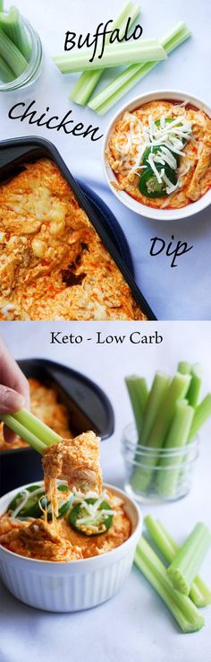 two pictures showing how to make buffalo chicken dip with celery and asparagus