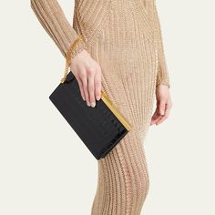 TOM FORD crossbody bag in shiny croc-embossed leather, viscose, and silk  Chain shoulder strap Detachable, adjustable crossbody strap Can be worn as a clutch, shoulder, or crossbody bag  Framed top with T-lock closure  Interior, one slip pocket  Approx. 5.9"H x 10.2"W x 1.2"D Made in Italy Luxury Embossed Crossbody Shoulder Bag, Luxury Crossbody Box Bag With Gold-tone Hardware, Croc Embossed Bag, Luxury Leather-handled Crossbody Clutch, Luxury Crossbody Bag With Gold-tone Hardware, Crossbody Strap, Bergdorf Goodman, Embossed Leather, Tom Ford