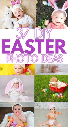 an easter photo collage with the words 37 diy easter photos in purple and white