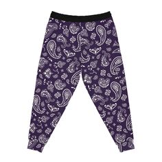 Introducing our exclusive Queen Dark Purple Bandana Print Joggers! These personalized jogging pants are designed to elevate your lounging and workouts with a touch of custom style. Crafted with meticulous attention to detail, these all-over-print joggers offer a cozy, unisex fit that ensures comfort and versatility. The cut & sew construction guarantees a higher quality product, both in terms of the materials used and the overall production standards. Made from a soft blend of 95% polyester and Purple Cotton Athleisure Pants, Purple Sweatpants With Relaxed Fit And Elastic Waistband, Purple Relaxed Fit Sweatpants With Elastic Waistband, Casual Purple Activewear For Loungewear, Casual Purple Joggers For Loungewear, Purple Athleisure Sweatpants For Streetwear, Purple Athleisure Sweatpants With Elastic Waistband, Sporty Purple Cotton Joggers, Stretch Purple Pants For Streetwear