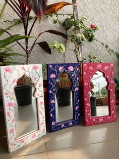 three colorful mirrors sitting next to each other on top of a floor near a potted plant