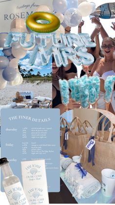 a collage of photos with blue and white items in the foreground, people holding up balloons