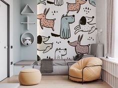 a living room filled with furniture and wallpaper covered in cartoon dog designs on the walls