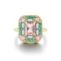 Vivian Grace Jewelry Ring Emerald Morganite Mosaic Cocktail Ring Luxury Diamond Ring With Rectangular Gemstone, Luxury Multicolor Emerald Cut Rings, Gemstone Emerald Cut Ring, Luxury Vintage Gemstone Rings, Luxury Art Deco Rectangular Rings, Luxury Rings With Rectangular Gemstone Accents, Gemstone Cut Ring, Rectangle Cocktail Ring, Art Deco Cocktail