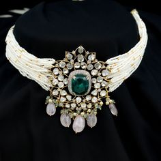 Created Emerald Flower Necklace with Polki Diamond and Morganite Accent - Rosec Jewels Emerald Set, Diamond Choker Necklace, Lab Created Emerald, Diamond Choker, Claw Setting, Emerald Necklace, Gold Choker, Pearl Drop, Flower Necklace