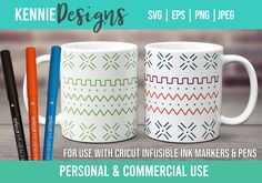 two coffee mugs sitting next to each other with markers and pens in front of them