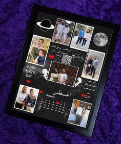 a purple blanket with pictures of people on it and the date is written in arabic