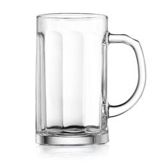 an empty glass mug is shown on a white background