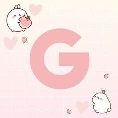 the letter g is surrounded by animals and hearts on a pink background with white squares