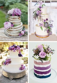 four different types of wedding cakes with flowers on each tier and one is white, the other has purple