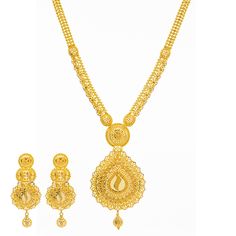 Our 22K Yellow Gold Long Filigree Necklace Set has an intricate design and style that can compliment multiple looks. The detailed filigree work and beading along the 22k Indian gold necklace and earrings add a luxurious look and feel. Features• 22k yellow gold• Filigree• Beading Virani Jewelers bridal jewelry made from 22k gold brings together the beauty and significance of Indian culture and traditions. Find more beautiful 22k gold Indian bridal jewelry like this beaded gold jewelry set on our Long Gold Necklace Indian, Gold Indian Bridal Jewelry, Indian Gold Necklace, Indian Gold Necklace Designs, Unique Gold Jewelry Designs, New Gold Jewellery Designs, Gold Jewellry, Gold Necklace Indian, Beautiful Gold Necklaces