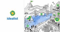 the idealist logo and an illustration of people standing in front of a bridge with boats on it