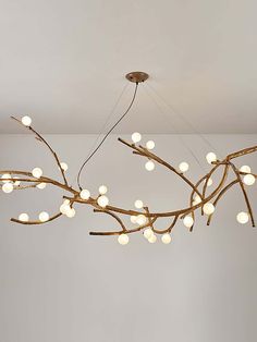 a light fixture made out of branches with lights hanging from the ceiling and on top of it