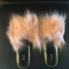 New Condition. Never Worn. Pink Fur With Black Gold Trim Pink Open Toe Casual Slippers, Pink Party Slippers For Spring, Pink Flat Heel Synthetic Slippers, Pink Synthetic Flat Heel Slippers, Pink Flat-heel Synthetic Slippers, Pink Fur, Curator Style, Gold Trim, Pink Black