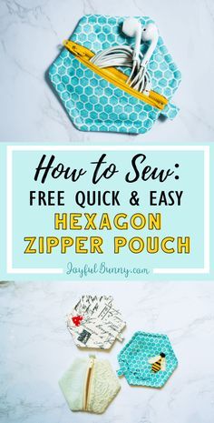 the instructions for how to sew hexagon zipper pouch with text overlay